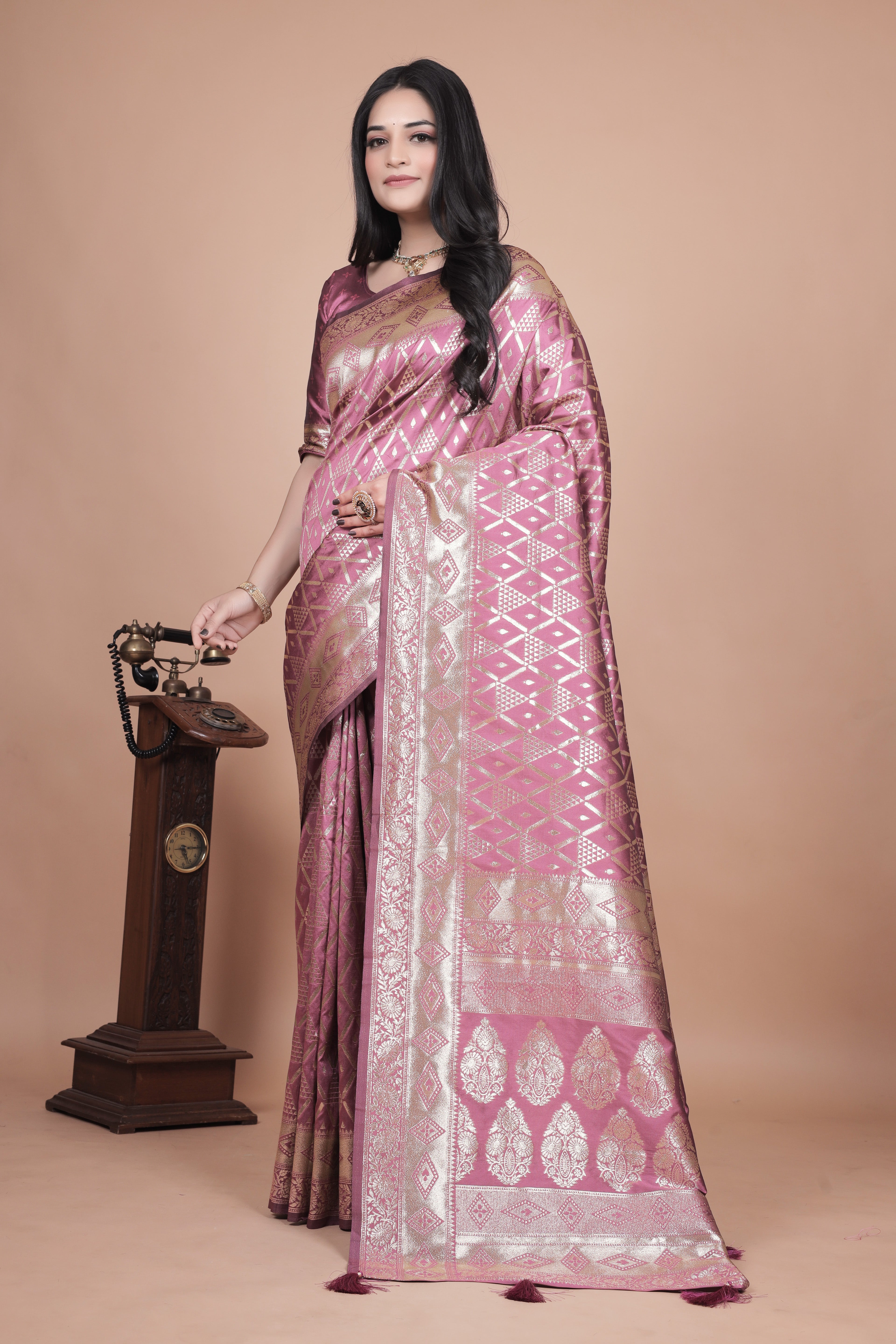 Mauve Banarasi Silk Saree with Silver Zari Elegance With 4 color option